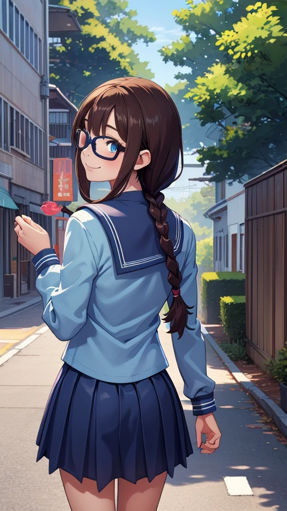 (masterpiece, best quality), 1girl,   defSaki, blue eyes, twin braids, hair over shoulders, glasses, blue shirt, serafuku, neckkerchief, long sleeves, pleated skirt,back view,turn around, all eyes closed,Toothy smile