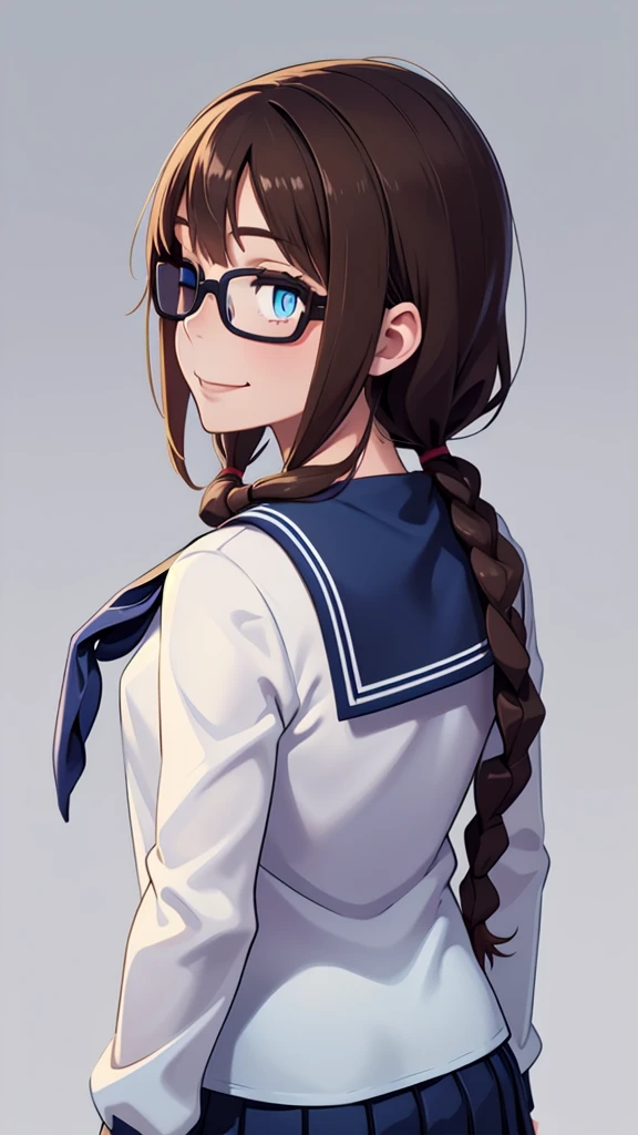 (masterpiece, best quality), 1girl,   defSaki, blue eyes, twin braids, hair over shoulders, glasses, blue shirt, serafuku, neckkerchief, long sleeves, pleated skirt,back view,turn around, all eyes closed,Toothy smile,half body 