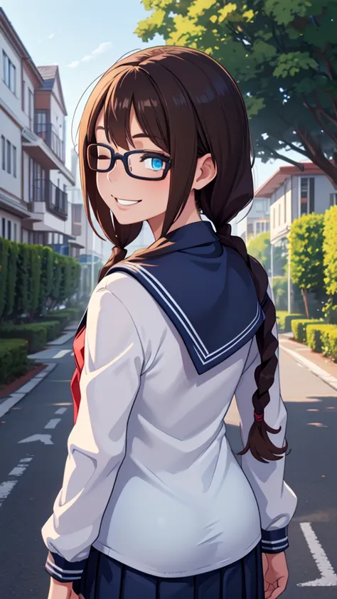 (masterpiece, best quality), 1girl,   defsaki, blue eyes, twin braids, hair over shoulders, glasses, blue shirt, serafuku, neckk...