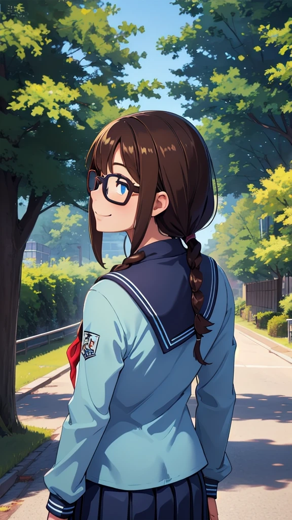 (masterpiece, best quality), 1girl,   defSaki, blue eyes, twin braids, hair over shoulders, glasses, blue shirt, serafuku, neckkerchief, long sleeves, pleated skirt,back view,turn around, all eyes closed,Toothy smile,half body 