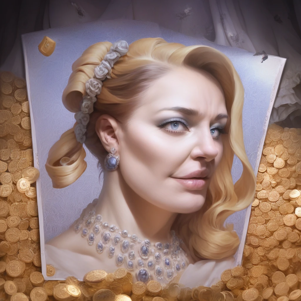 a beautiful woman with long golden yellow hair, surrounded by golden coins, extremely sexy, busty, curvy, (best quality,4k,8k,highres,masterpiece:1.2),ultra-detailed,(realistic,photorealistic,photo-realistic:1.37),intricate details, detailed face, detailed eyes, detailed lips, high fashion, ornate jewelry, opulent, luxurious, opulent background, shimmering lighting, warm colors, rich tones