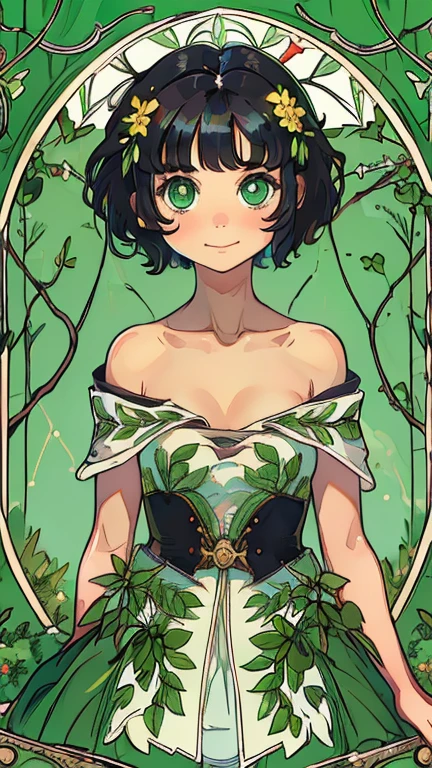 (1girl, solo, highly insanely detailed, masterpiece, top quality, best quality, highres, 4k, 8k, RAW photo),((innocent look)),((Childish)),From the front, symmetrical composition,smile,cute,Innocent,Kind eyes,Flat chest,ArsMJStyle, Art Nouveau Style, forest, vines, (ppgzkor), (green eyes, bright pupil, black hair, short hair)
(v1nedr3ss)