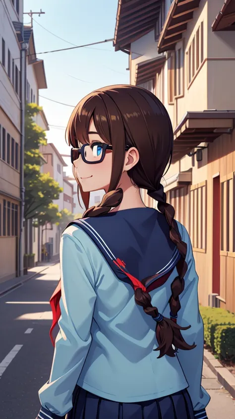 (masterpiece, best quality), 1girl,   defsaki, blue eyes, twin braids, hair over shoulders, glasses, blue shirt, serafuku, neckk...