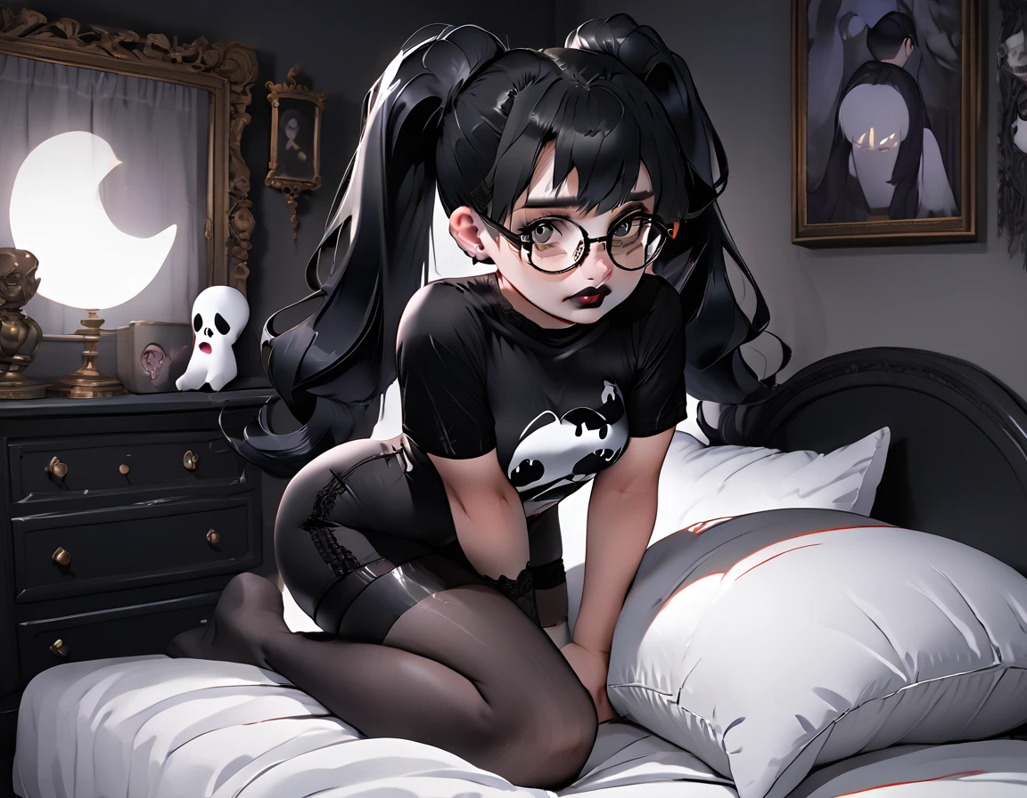 Pretty goth girl,, , detailed statue, focus on detail,  black lipstick, black ponytail, large round glasses, bbw, extremely tight compression shorts, skindentation, ghost house background, dark lighting, large bare feet, masterpiece, double chin, ahegao face, blush in cheeks, open mouth, pillow humping, crotch rub, kneeling on bed, pillow between thighs, detailed face