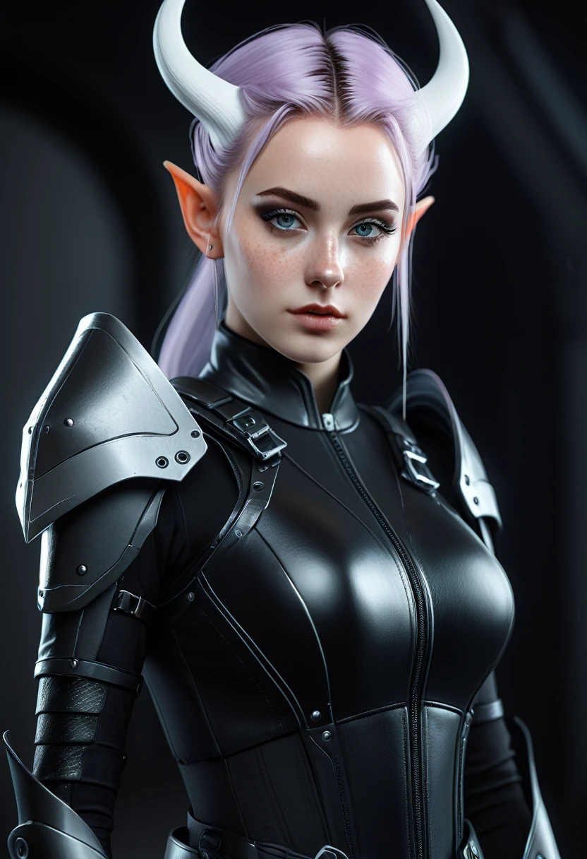 a close up of a female, pastel goth, big elf girl with freckles, light grey eyes, pointy ears, freckles, many freckles on face, white horns, unreal 5. rpg portrait, 8k portrait render, unreal engine 5, beautiful female elf, unreal engine character art, female character, female lead character, there is a woman in a black leather outfit posing for a picture, goth cybersuit, wearing techwear and armor, cybersuit, dark natasha, cyber suit, clothed in sci-fi military armor, cybersuits, diverse cybersuits, cyberpunk 2 0 y. o model girl, in a dark space mercenary outfit, cyberpunk gorgeous goddess 