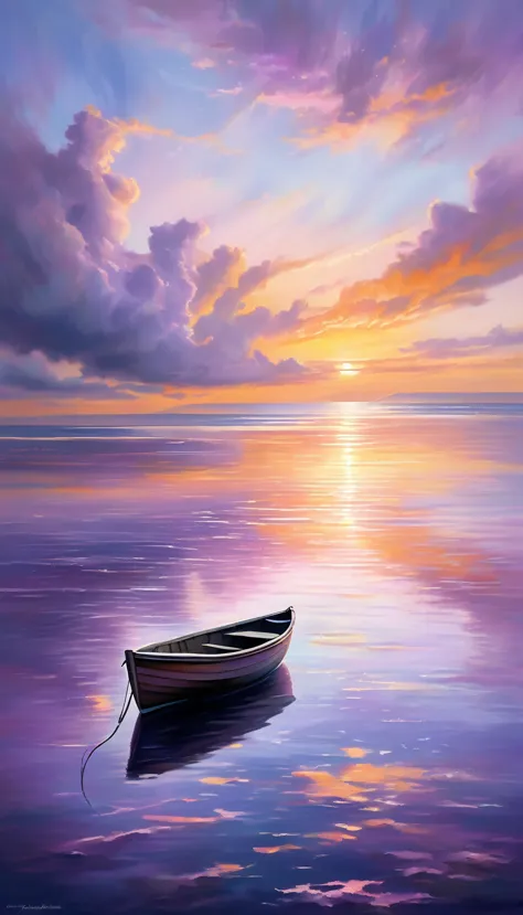 a peaceful sunset by the ocean
a serene image of a calm ocean at sunset, with the sky painted in soft oranges, pinks, and purple...