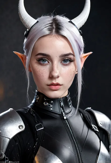 a close up of a female, pastel goth, big elf girl with freckles, light grey eyes, pointy ears, freckles, many freckles on face, ...