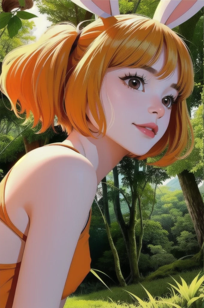  ((small breasts, slim girl)), CarrotChan, 1girl, solo, blonde hair, animal ears, rabbit ears, rabbit girl, furry female, furry, short hair, smile, rabbit tail, (orange dress), brown eyes, ((slim girl, small breasts, animal nose)), ((complex detailed background, grass, jungle, forest, vines, tall big trees, nature environment, close-up, portrait)), nsfw