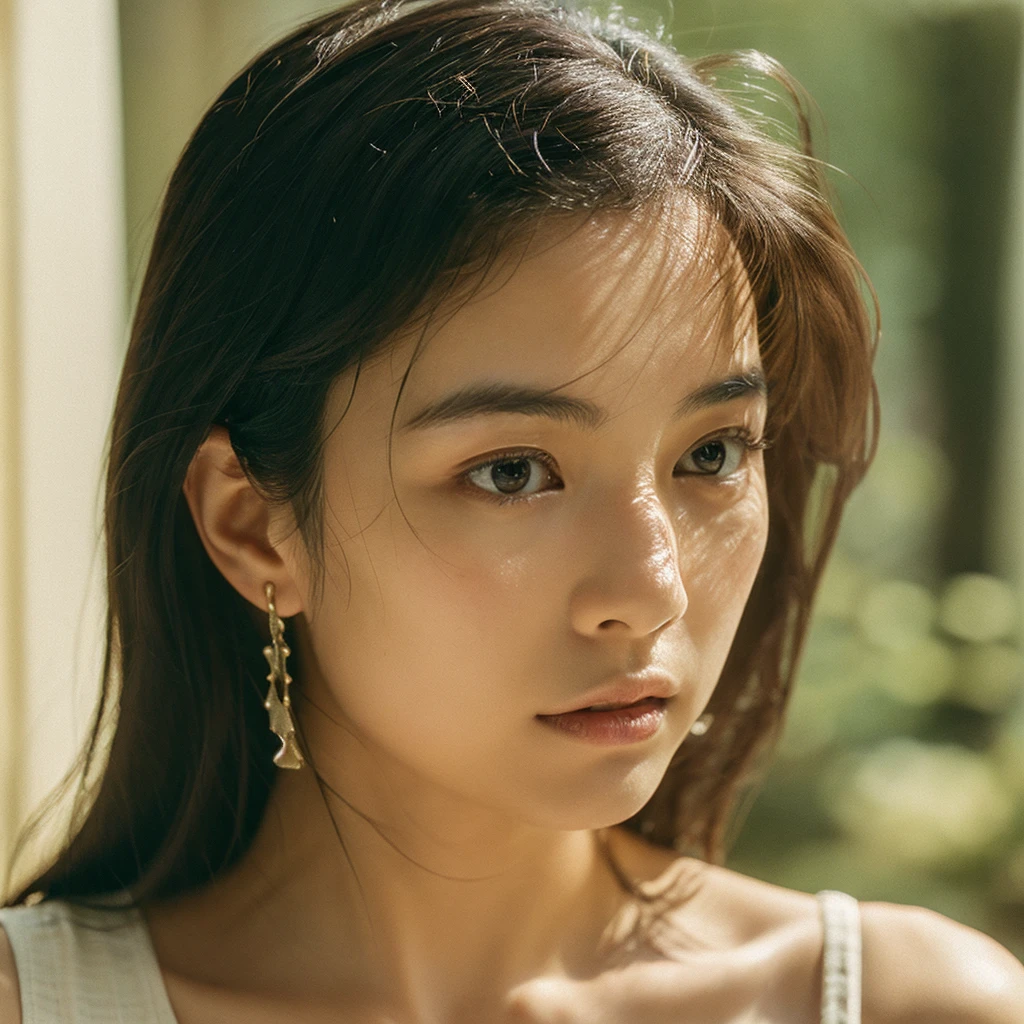 A hyper-realistic image of a single Japanese woman in her early 20s, captured with the nostalgic warmth and subtle graininess of a film camera, focusing on her upper body from the shoulders up. Her skin has a warm beige tone with a natural, slightly rough texture that includes visible pores, fine lines, and subtle imperfections such as small blemishes, adding to the authenticity of her appearance. The soft, diffused natural light enhances the film-like quality, casting gentle shadows across her face and shoulders to create a timeless, organic feel. Her straight, glossy black hair frames her face in a natural, slightly tousled manner, and her deep brown eyes reflect the ambient light, adding depth and emotion. The film camera effect introduces a slight grain and a softer focus, giving the image a warm, nostalgic atmosphere while maintaining the realistic texture of her skin. She is dressed in a simple, elegant top that complements her natural beauty, with the overall composition designed to evoke a sense of genuine, understated elegance. The use of natural light, combined with the deliberately rougher texture of her skin and the film-like qualities, ensures that this image captures the imperfections that make her beauty truly lifelike, focusing solely on this one individual from the shoulders up.