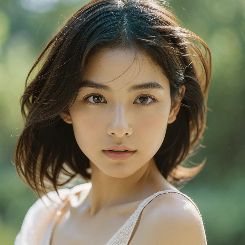 A hyper-realistic image of a single Japanese woman in her early 20s, captured with the nostalgic warmth and subtle graininess of a film camera, focusing on her upper body from the shoulders up. Her skin has a warm beige tone with a natural, slightly rough texture that includes visible pores, fine lines, and subtle imperfections such as small blemishes, adding to the authenticity of her appearance. The soft, diffused natural light enhances the film-like quality, casting gentle shadows across her face and shoulders to create a timeless, organic feel. Her straight, glossy black hair frames her face in a natural, slightly tousled manner, and her deep brown eyes reflect the ambient light, adding depth and emotion. The film camera effect introduces a slight grain and a softer focus, giving the image a warm, nostalgic atmosphere while maintaining the realistic texture of her skin. She is dressed in a simple, elegant top that complements her natural beauty, with the overall composition designed to evoke a sense of genuine, understated elegance. The use of natural light, combined with the deliberately rougher texture of her skin and the film-like qualities, ensures that this image captures the imperfections that make her beauty truly lifelike, focusing solely on this one individual from the shoulders up.