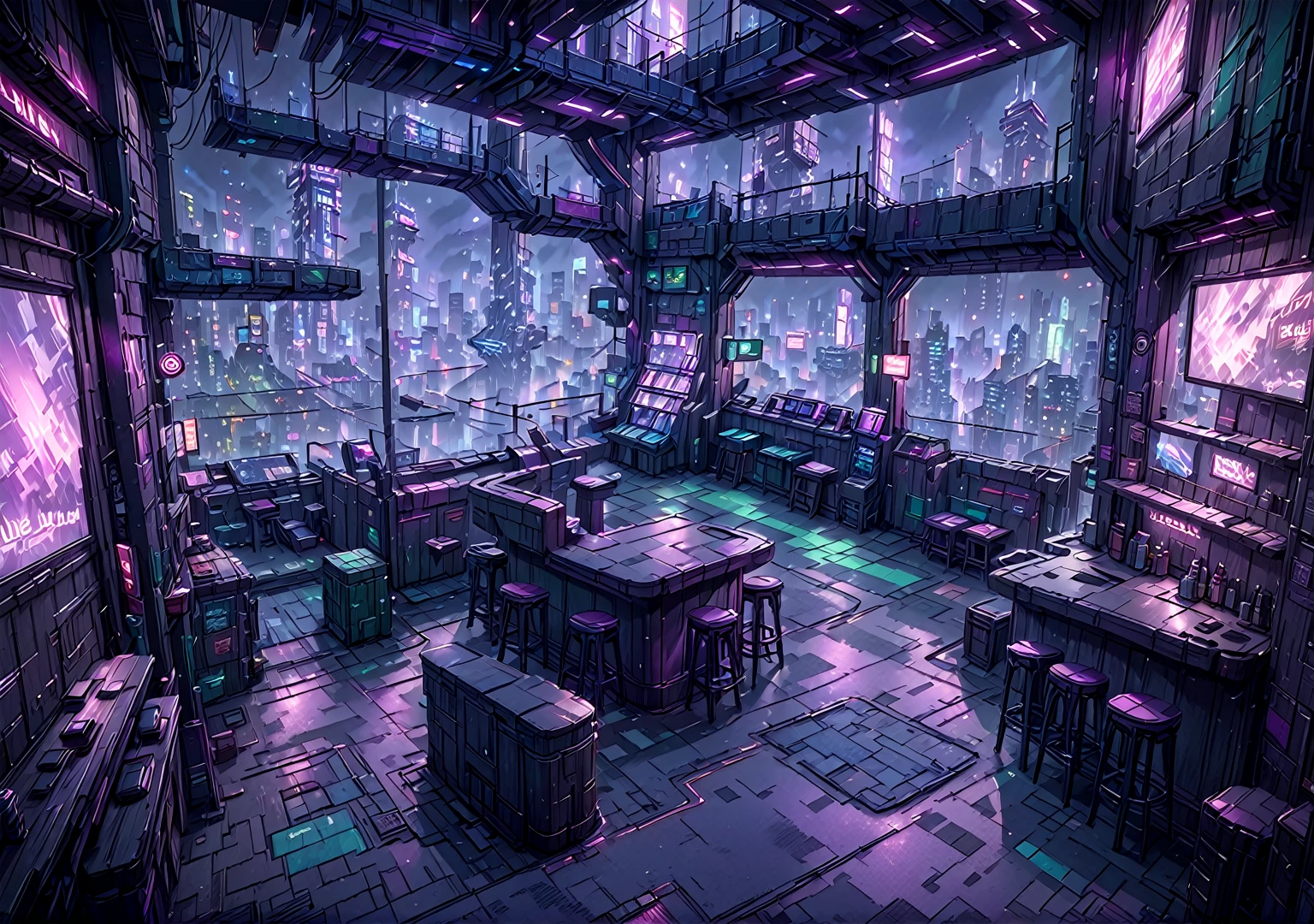 illustration, detailed illustration, ultra detailed, dive bar, cyberpunk, purple and green, dark interior, sci fi, night, (shadowy:1.3), window, skyline in window, empty