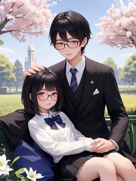 cute young girl with short black hair wear a white-black school uniform. sitting with a handsome young man wearing glasses and a...