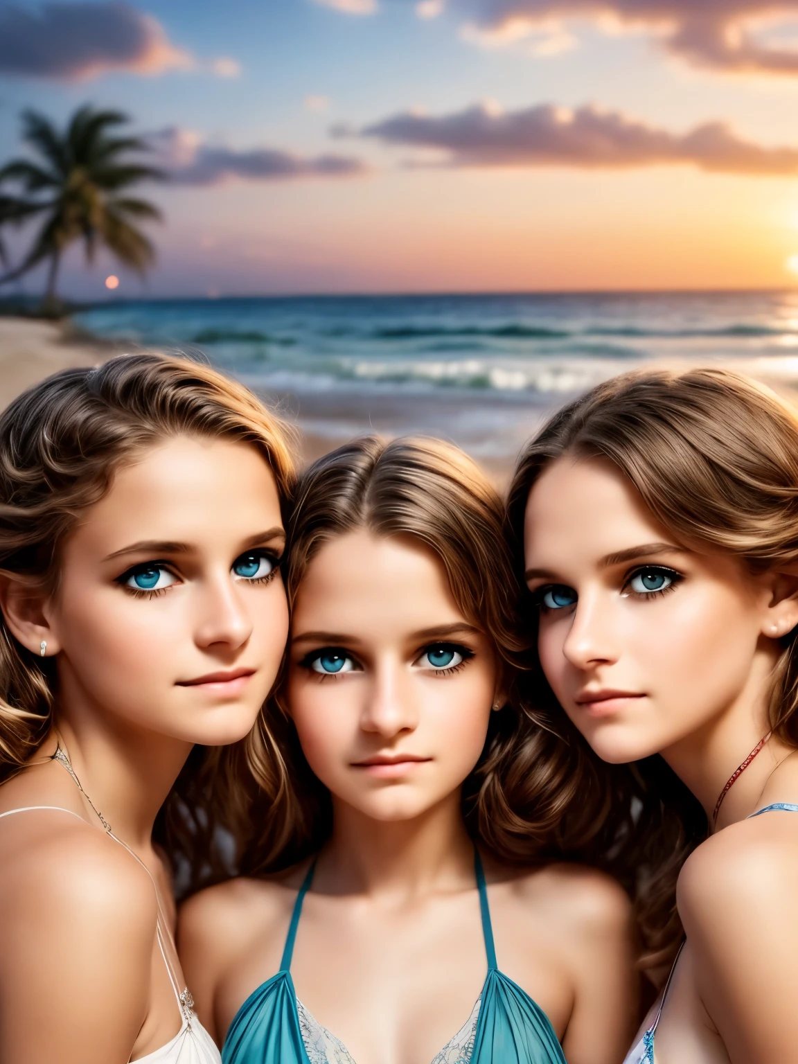 a group of byoung oys and young girls near the beach on a summer night, beautiful detailed eyes, beautiful detailed lips, extremely detailed eyes and face, long eyelashes, teenage, candid, natural outdoor lighting, sunset sky, crashing waves, sand, palm trees, vibrant colors, cinematic, dramatic, 8k, high resolution, photorealistic, hyper detailed, stunning, masterpiece