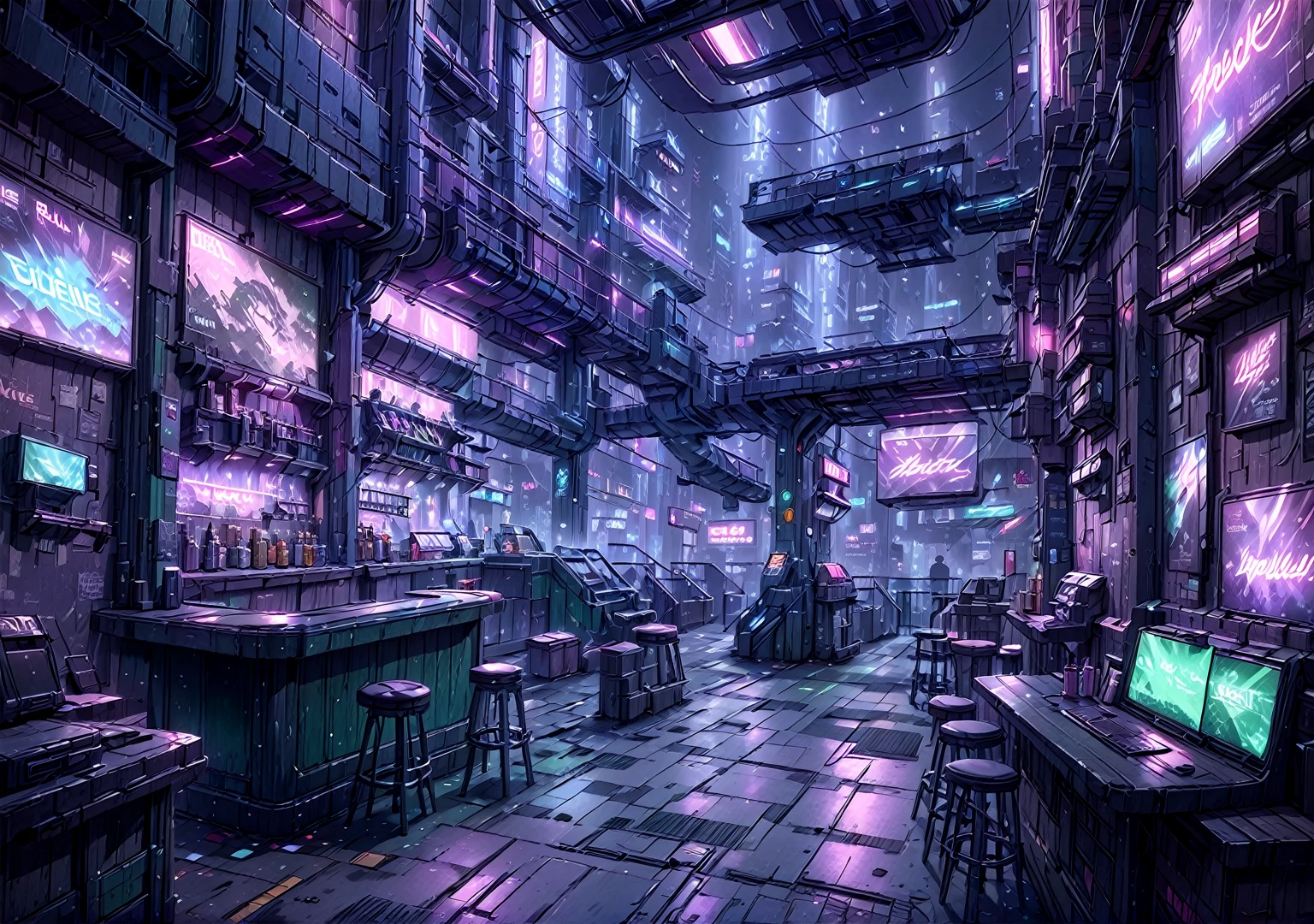 illustration, detailed illustration, ultra detailed, dive bar, cyberpunk, purple and green, dark interior, sci fi, night, (shadowy:1.3), empty