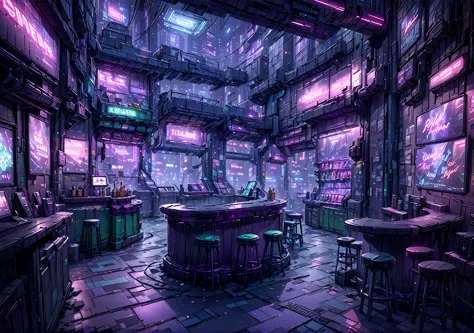 illustration, detailed illustration, ultra detailed, dive bar, cyberpunk, purple and green, dark interior, sci fi, night, (shado...