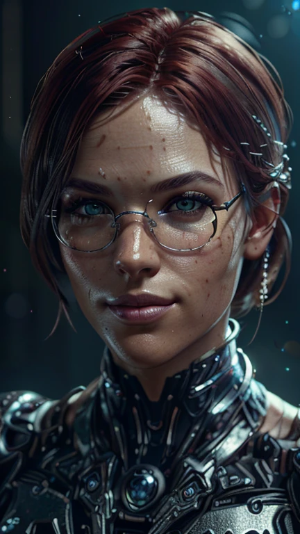 portrait, Close-up, upper body. Red hair, green eyes, smile, Cortana, metal frame glasses. (masterpiece, top quality, Best quality, official art, beautiful and aesthetically pleasing:1.2), extremely detailed,(fractal art:1.2),colorful,The most detailed, (dynamic pose), (Many colors:1.4). ((split. skin texture, Shiny skin. elegance. photorealism. unreal engine. 3D model. Ultra high quality textures. high detail. permission 8k))