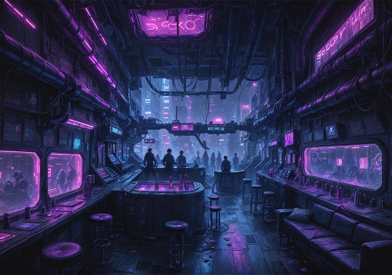 illustration, detailed illustration, ultra detailed, dive bar, cyberpunk, purple and green, dark interior, sci fi, night, (shadowy:1.3), empty