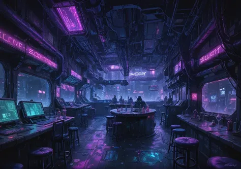 illustration, detailed illustration, ultra detailed, dive bar, cyberpunk, purple and green, dark interior, sci fi, night, (shado...