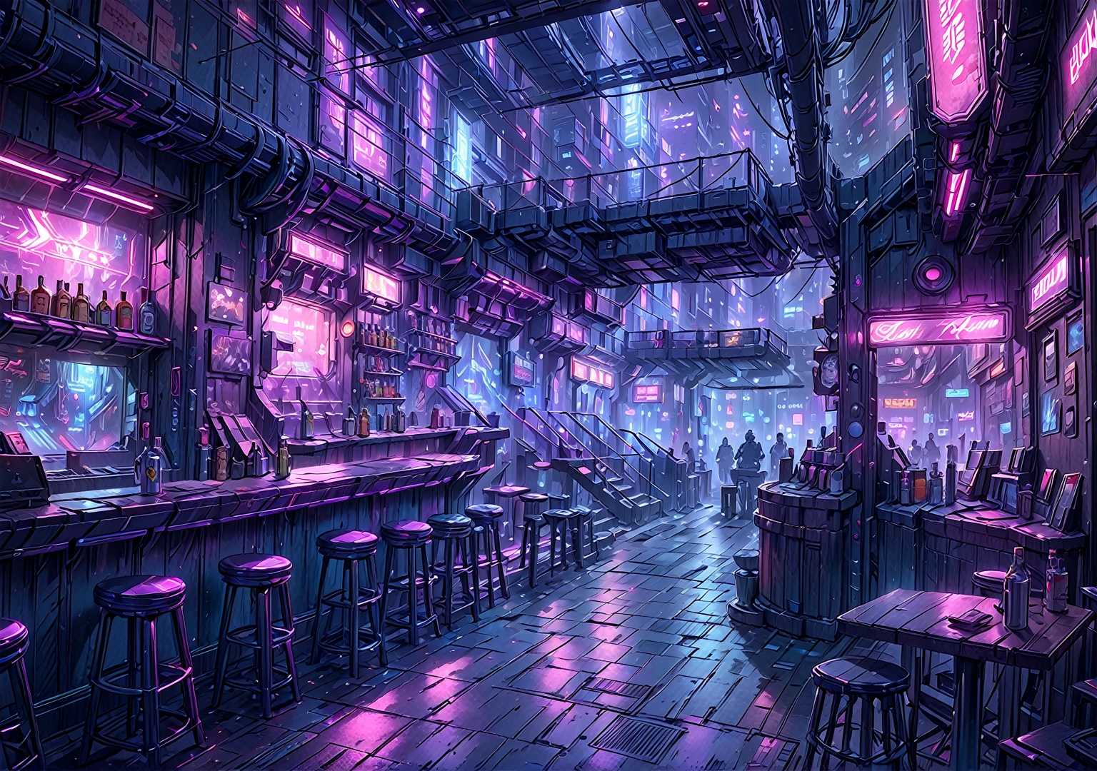 illustration, detailed illustration, ultra detailed, dive bar, cyberpunk, purple and green, dark interior, sci fi, night, (shadowy:1.3), empty