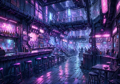 illustration, detailed illustration, ultra detailed, dive bar, cyberpunk, purple and green, dark interior, sci fi, night, (shado...