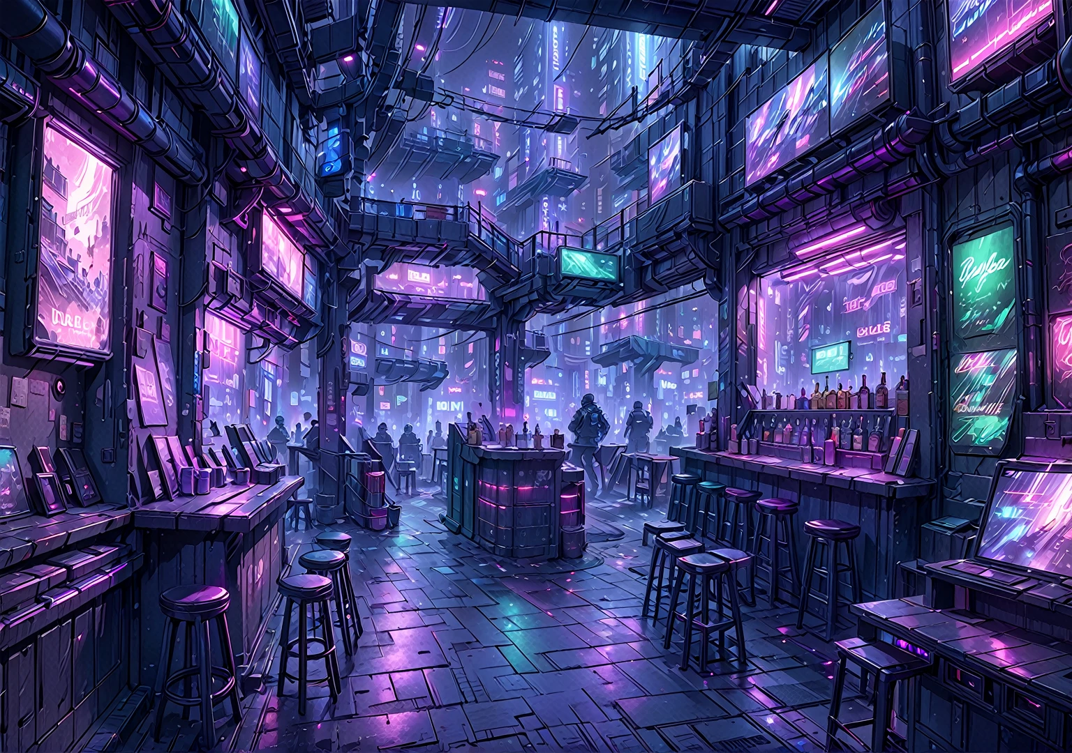 illustration, detailed illustration, ultra detailed, dive bar, cyberpunk, purple and green, dark interior, sci fi, night, (shadowy:1.3), empty