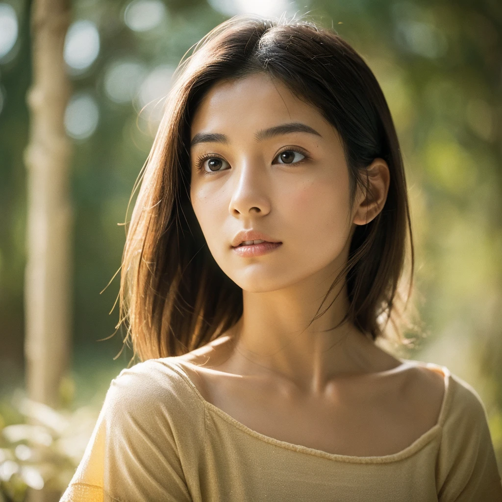 A hyper-realistic image of a single Japanese woman in her early 20s, captured with the nostalgic warmth and subtle graininess of a film camera, focusing on her upper body from the shoulders up. Her skin has a warm beige tone with a natural, slightly rough texture that includes visible pores, fine lines, and subtle imperfections such as small blemishes, adding to the authenticity of her appearance. The soft, diffused natural light enhances the film-like quality, casting gentle shadows across her face and shoulders to create a timeless, organic feel. Her straight, glossy black hair frames her face in a natural, slightly tousled manner, and her deep brown eyes reflect the ambient light, adding depth and emotion. The film camera effect introduces a slight grain and a softer focus, giving the image a warm, nostalgic atmosphere while maintaining the realistic texture of her skin. She is dressed in a simple, elegant top that complements her natural beauty, with the overall composition designed to evoke a sense of genuine, understated elegance. The use of natural light, combined with the deliberately rougher texture of her skin and the film-like qualities, ensures that this image captures the imperfections that make her beauty truly lifelike, focusing solely on this one individual from the shoulders up.