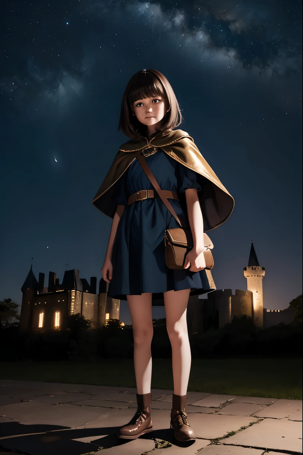 night sky, castle, 1girl, standing, solo, full body, , maribe, puffy short sleeves, cape, bag