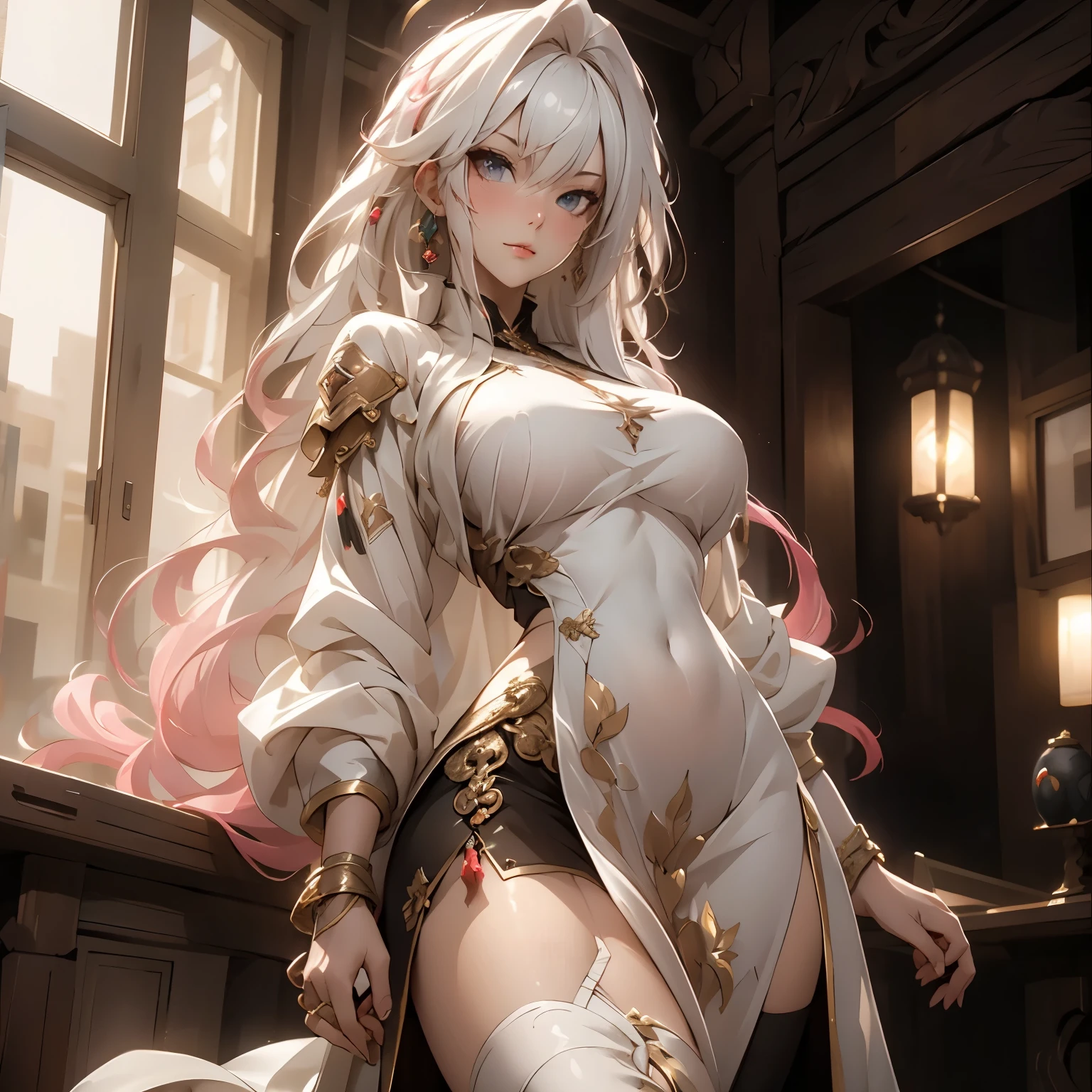 (best quality)), ((Masterpiece)), (details:1.4), 3d, HDR (high dynamic range), an image of a beautiful cyberpunk female, fantasy, medieval, pink hair, Curtain Bangs, hips up, Beautiful White eyes, จมูกโด่ง, ปากแดง, หน้าอกใหญ่, nvidia RTX, PBR surface, After processing, Anisotropic filtration,depth of field, Maximum clarity and clarity, multi-layered surface, Subsurface scattering, perfect proportions, 8K raw files, ultra detailed, Perfect proportions, volumetric lighting, soft lighting, Holy Paldin, Heavy Golden Armor, black dress, intricate Silver embroidery, glossy skin, Castle Background, jewely, ต่างหู, mini white skirt, blackglove, long-sleeved golden Dress,