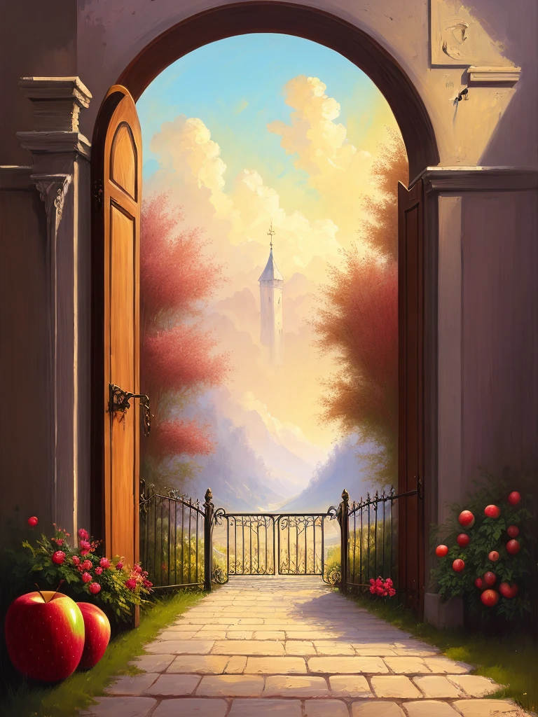 Heaven fantasy painting, big pearly gate in heaven, apples, fruit, 8k, trending on art station, digital art, Raphael Lacoste