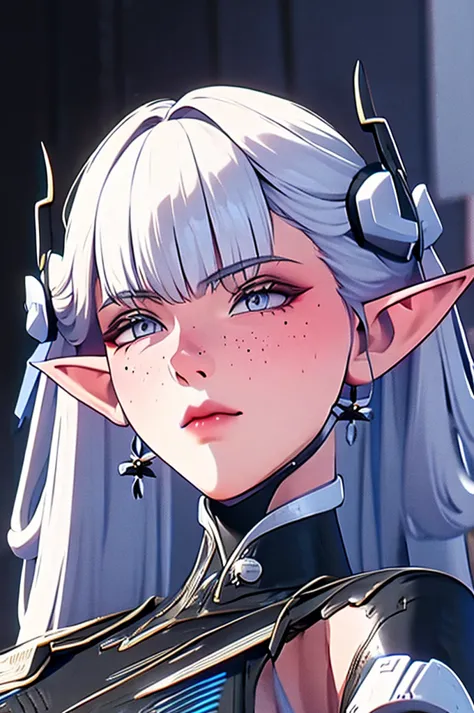 a close up of a female, pastel goth, big elf girl with freckles, light grey eyes, pointy ears, freckles, many freckles on face, ...