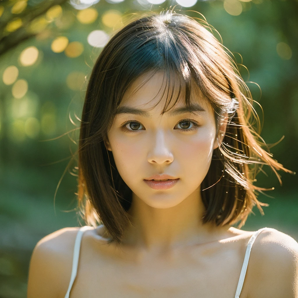 A hyper-realistic image of a single Japanese woman in her early 20s, captured with the nostalgic warmth and subtle graininess of a film camera, focusing on her upper body from the shoulders up. Her skin has a warm beige tone with a natural, slightly rough texture that includes visible pores, fine lines, and subtle imperfections such as small blemishes, adding to the authenticity of her appearance. The soft, diffused natural light enhances the film-like quality, casting gentle shadows across her face and shoulders to create a timeless, organic feel. Her straight, glossy black hair frames her face in a natural, slightly tousled manner, and her deep brown eyes reflect the ambient light, adding depth and emotion. The film camera effect introduces a slight grain and a softer focus, giving the image a warm, nostalgic atmosphere while maintaining the realistic texture of her skin. She is dressed in a simple, elegant top that complements her natural beauty, with the overall composition designed to evoke a sense of genuine, understated elegance. The use of natural light, combined with the deliberately rougher texture of her skin and the film-like qualities, ensures that this image captures the imperfections that make her beauty truly lifelike, focusing solely on this one individual from the shoulders up.