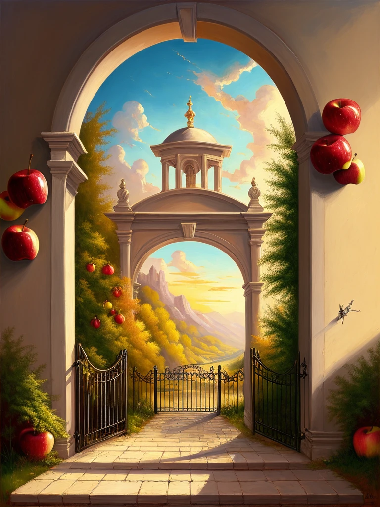 Heaven fantasy painting, big pearly gate in heaven, apples, fruit, 8k, trending on art station, digital art, Raphael Lacoste