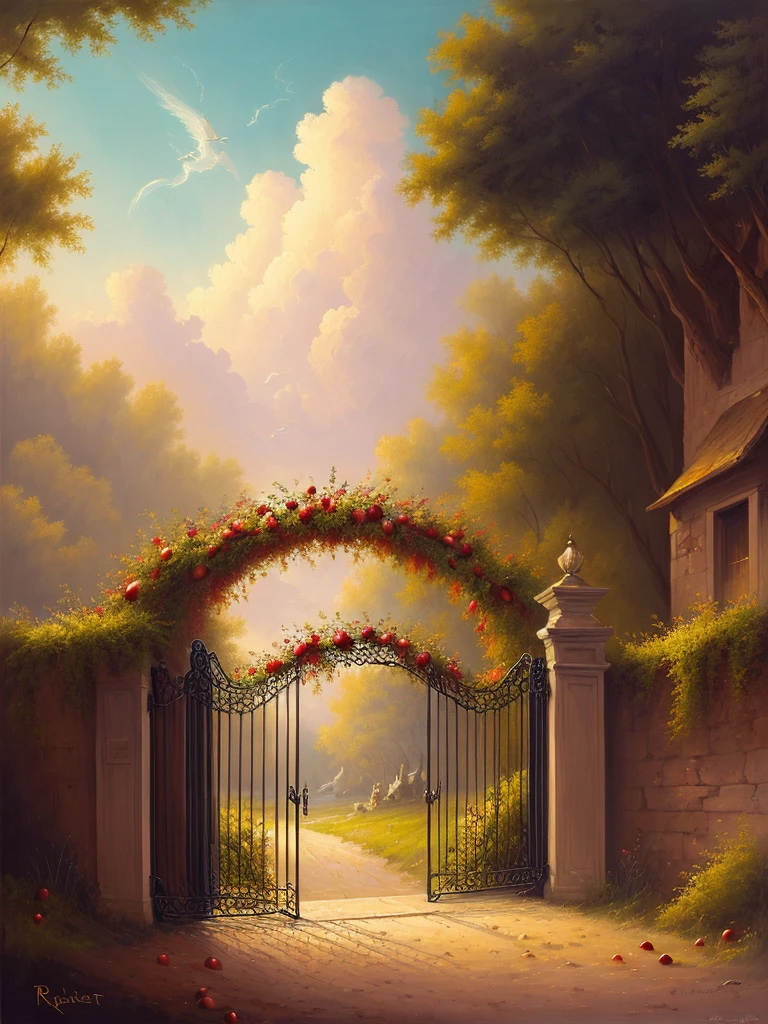 Heaven fantasy painting, big pearly gate in heaven, apples, fruit, 8k, trending on art station, digital art, Raphael Lacoste