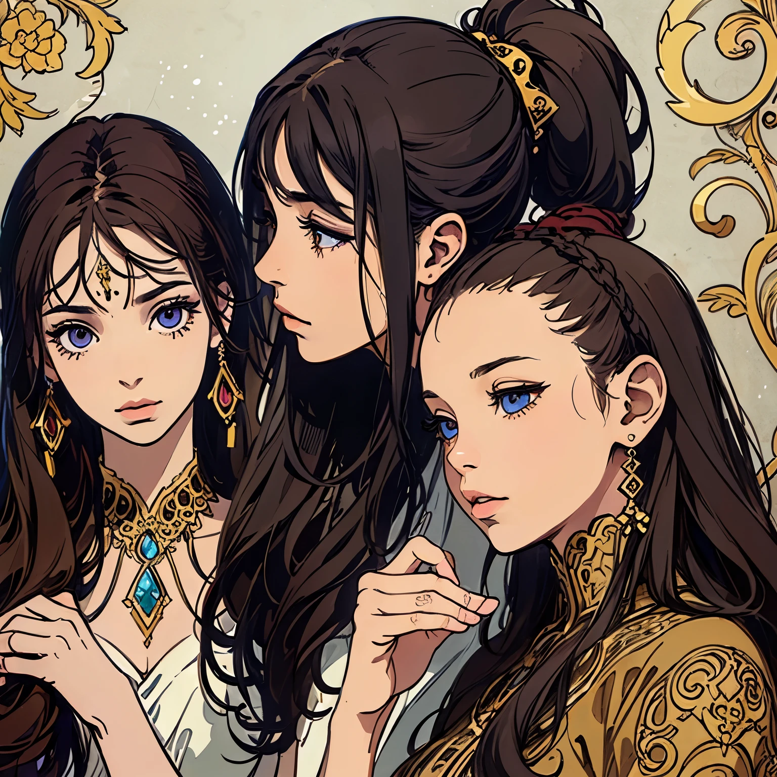 ( Absurdly , High quality , ultra detailed ) ,( hand detailed ) ,girl with her daughters, very long hair, beautiful ( eye detailed ) ,, elegant, colorful, highest detailed, upper body ,