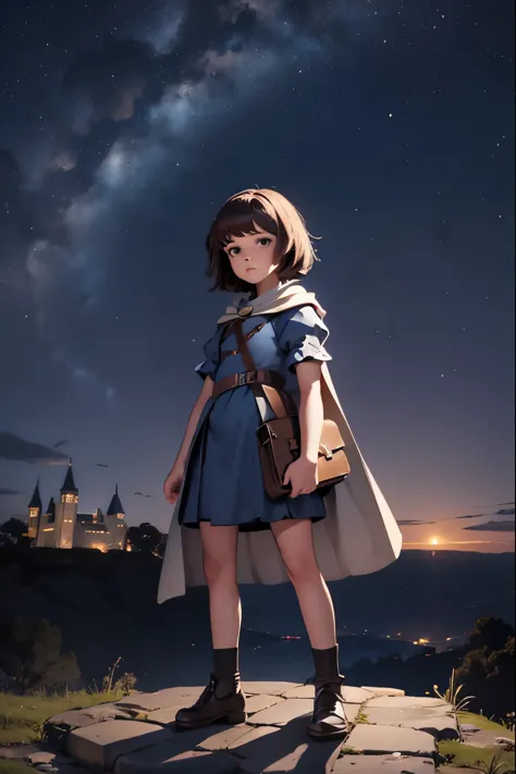 night sky, castle, 1girl, standing, solo, full body, , maribe, puffy short sleeves, cape, bag