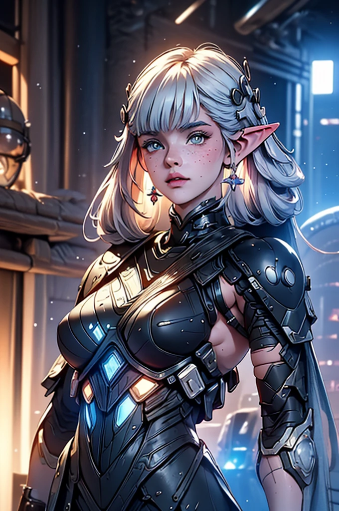 a close up of a female, pastel goth, big elf girl with freckles, light grey eyes, pointy ears, freckles, many freckles on face, white horns, unreal 5. rpg portrait, 8k portrait render, unreal engine 5, beautiful female elf, unreal engine character art, female character, female lead character, there is a woman in a black leather outfit posing for a picture, goth cybersuit, wearing techwear and armor, cybersuit, dark natasha, cyber suit, clothed in sci-fi military armor, cybersuits, diverse cybersuits, cyberpunk 2 0 y. o model girl, in a dark space mercenary outfit, cyberpunk gorgeous goddess