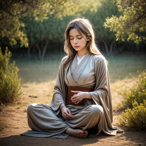 (jedi meditation:1.3), serene photo,1girl, jedi master in deep meditation,  in jedioutfit, sitting cross-legged,  (desert oasis:...