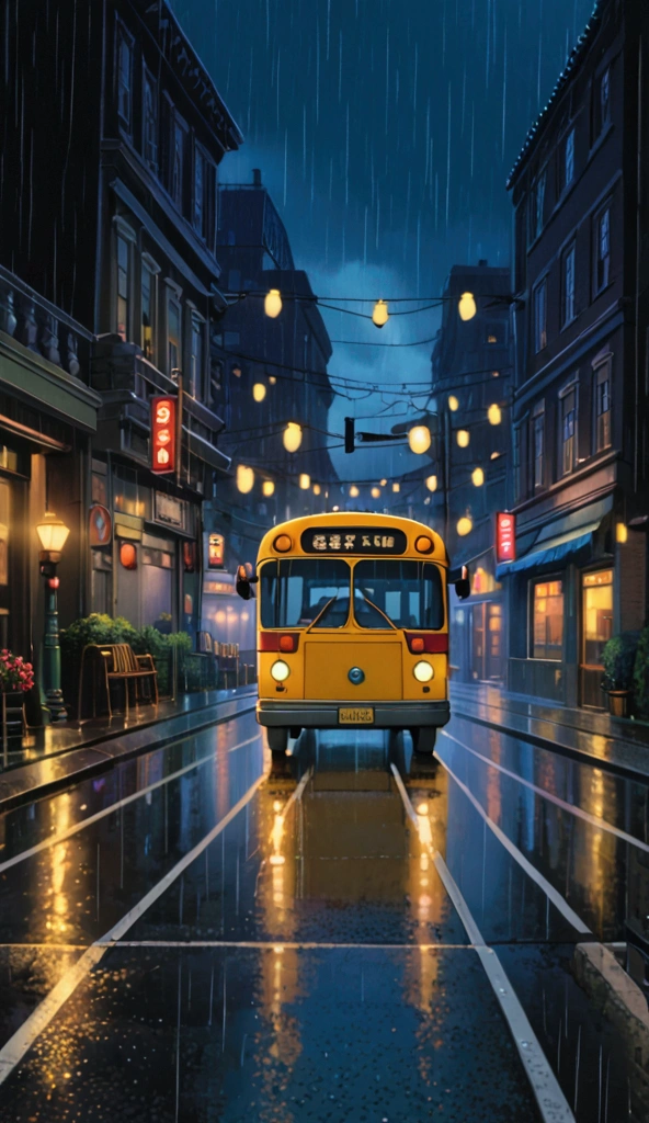 A bus on road, Night city, flashlight, rain, Road, Passing Cars, peaceful, decorative lights, ultra high resolution 