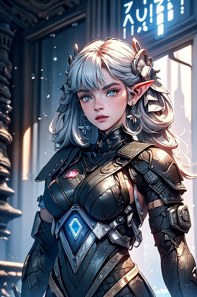 a close up of a female, pastel goth, big elf girl with freckles, light grey eyes, pointy ears, freckles, many freckles on face, white horns, unreal 5. rpg portrait, 8k portrait render, unreal engine 5, beautiful female elf, unreal engine character art, female character, female lead character, there is a woman in a black leather outfit posing for a picture, goth cybersuit, wearing techwear and armor, cybersuit, dark natasha, cyber suit, clothed in sci-fi military armor, cybersuits, diverse cybersuits, cyberpunk 2 0 y. o model girl, in a dark space mercenary outfit, cyberpunk gorgeous goddess