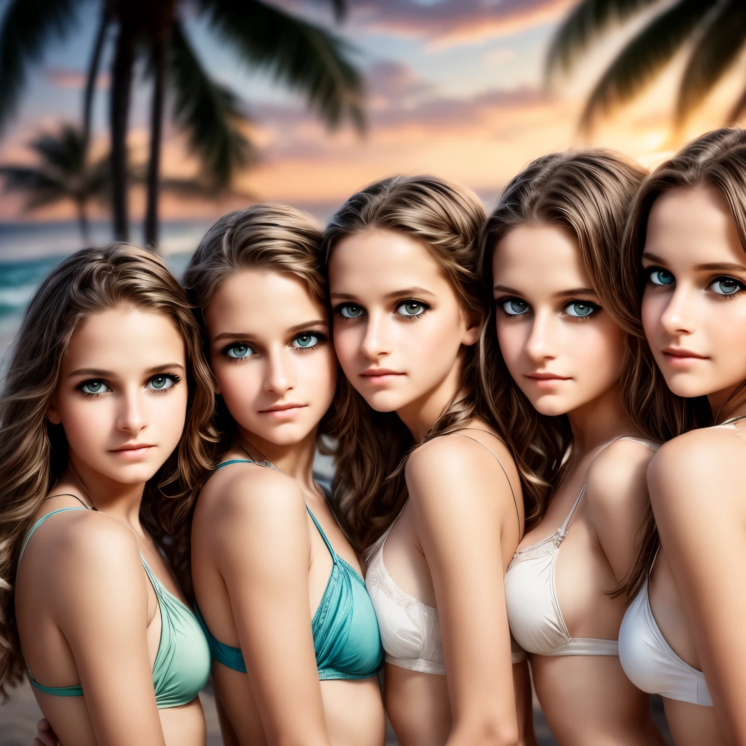 a group of byoung oys and young girls near the beach on a summer night, beautiful detailed eyes, beautiful detailed lips, extremely detailed eyes and face, long eyelashes, teenage, candid, natural outdoor lighting, sunset sky, crashing waves, sand, palm trees, vibrant colors, cinematic, dramatic, 8k, high resolution, photorealistic, hyper detailed, stunning, masterpiece