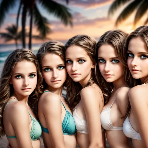 a group of byoung oys and young girls near the beach on a summer night, beautiful detailed eyes, beautiful detailed lips, extrem...