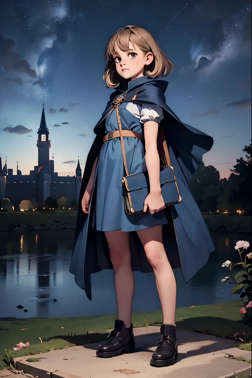 night sky, castle, 1girl, standing, solo, full body, , maribe, puffy short sleeves, cape, bag