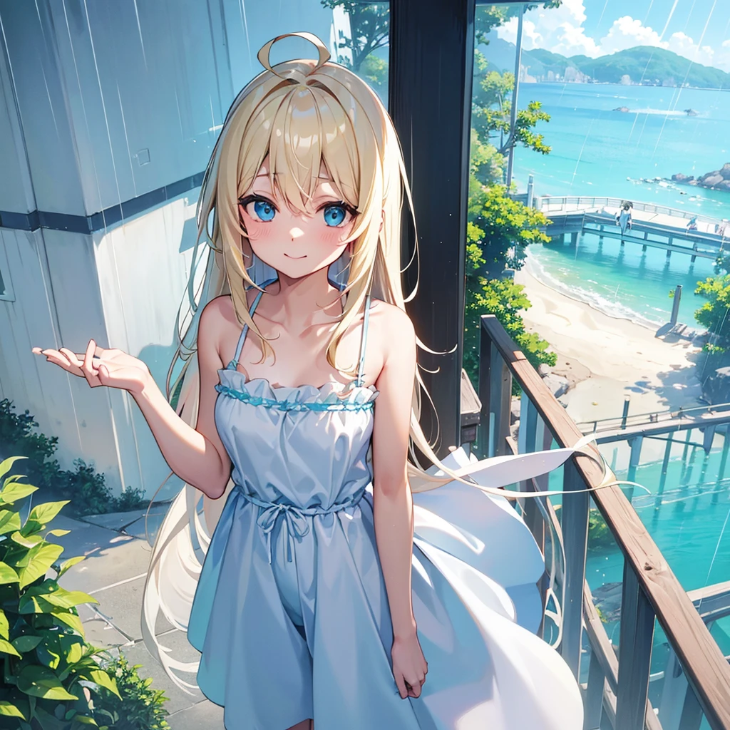 smile、Ahoge、Teal blue eyes、Blonde Long Hair、alone、in the rain、Sea view、White camisole、Light blue hot pants、Holding McDonald&#39;s fries in hand