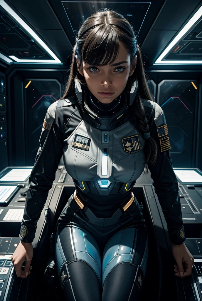 
a female interstellar fleet officer in a tight futuristic uniform with fleet insignia is in a meeting with other interstellar fleet officers, both human and alien, in front of her is a holographic screen,High Resolution, Long Hair, Anatomically Correct, Best Quality, Accurate, High Resolution, High Details, High Quality, Super Detailed,Cinematic, Photorealistic, 