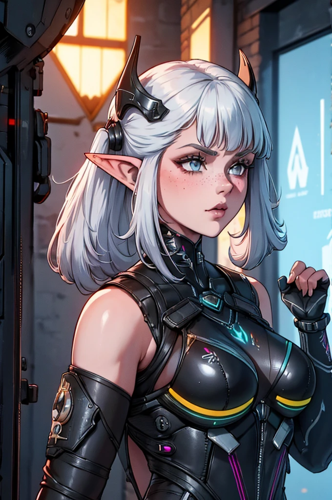 a close up of a female, pastel goth, big elf girl with freckles, light grey eyes, pointy ears, freckles, many freckles on face, white horns, unreal 5. rpg portrait, 8k portrait render, unreal engine 5, beautiful female elf, unreal engine character art, female character, female lead character, there is a woman in a black leather outfit posing for a picture, goth cybersuit, wearing techwear and armor, cybersuit, dark natasha, cyber suit, clothed in sci-fi military armor, cybersuits, diverse cybersuits, cyberpunk 2 0 y. o model girl, in a dark space mercenary outfit, cyberpunk gorgeous goddess