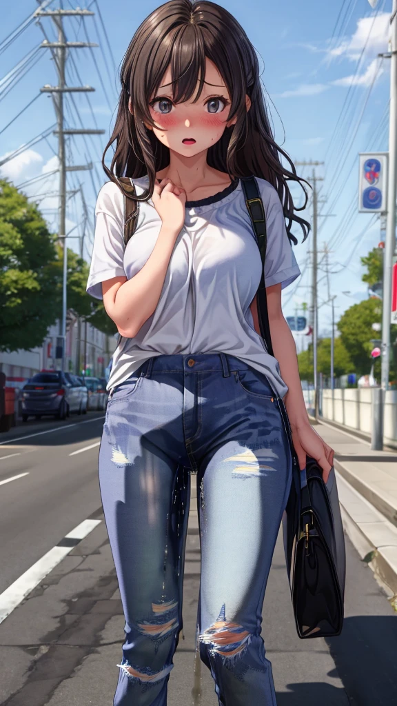 ((best quality, masterpiece:1.3, 8K)), (detailed), highly detailed face and skin texture, detailed eyes, full body, outdoor, daytime, (slender body:1.1), 1girl, (solo), white skin, bright lips, worried, embarrassed, panicking, long hair, casual outfit, medium breast, (jeans pants:1.2, blue jeans:1.2), (wetting herself:1.0), desperation:1.2,