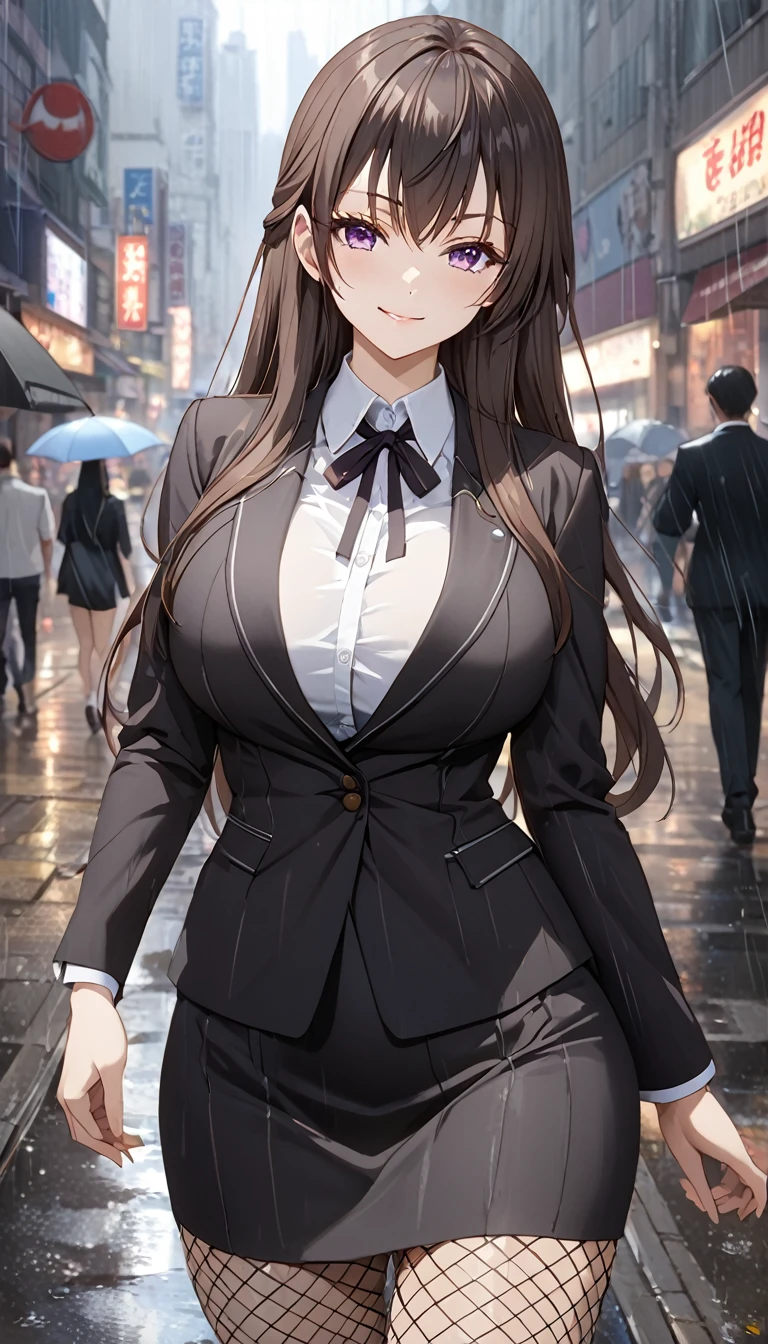 Detailed work, best quality, 2080p clarity, Realistic lighting and shadows, Anime, background, middle of the road, จากซีรีย์ Alya Sometimes Hides Her Feelings in Russian, Suou Yuki, long brown hair, purple eyes, ตาแบบAnime, Very large breasts, Wear a black suit, Tight short skirt, fishnet stockings, smiling, Heavy rain