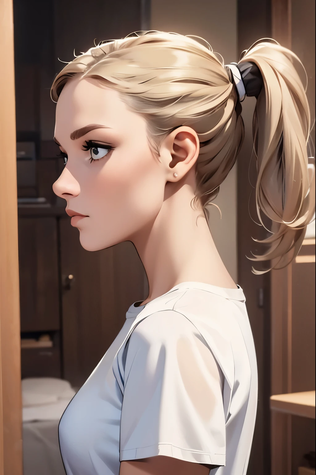 ((masterpiece, best quality)), a woman in a t shirt , looking from the side, with a ponytail