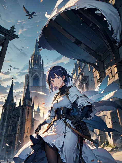 overlooking the ground from the sky、magical battle、cathedral、medieval streetscape,wide road