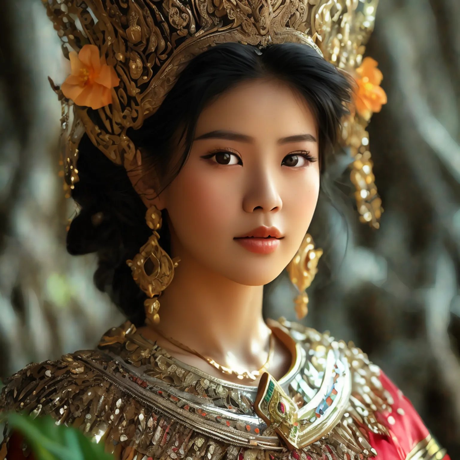 realistic details, sharp picture, thai girl dressed in the style of the ancient ayutthaya kingdom, ((triplets)), beautiful, ((se...